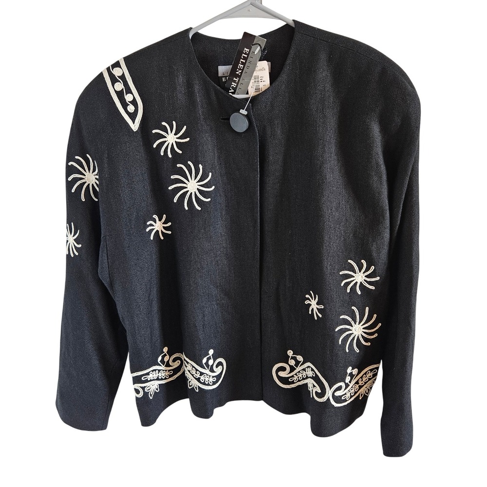 Linda Allard Ellen Tracy Black Linen Embroidered Jacket Size 6 NWT